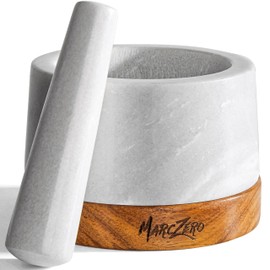 MarcZero 6inch Large Mortar and Pestle Set with Anti-Scratch Wooden Base, Heavy Duty Mortar and Pestle Made of Natural Marble(White)
