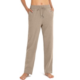 SANTINY Women's Cotton Sweatpants Yoga Lounge Casual Pants Open Bottom Sweat Pants for Women with Pockets (Khaki_XXL)