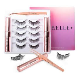 Everbelle Kit de 5 Pares de Pestañas Postizas Magnéticas SIN Pegamento (Reusables hasta 30 veces) y Dos Delineadores Magnéticos Líquidos para Ojos (8ml c/uno) A Prueba de Agua