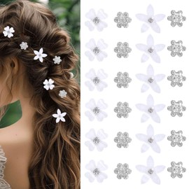 LunarCharm 24 Pieces of White Mini Hair Clips with Flowers, Charming Mini Floral Hair Clips with Rhinestones, Mini Flower Clip, Hair Clips, Wedding Hair Clips for Women and Girls