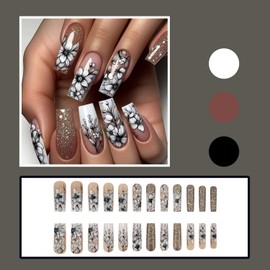 24 Pcs Square Press on Nails Long Fake Nails White Nails Press ons Glitter Glue on Nails Flower Stick on Nails Full Cover Glossy Acrylic Nails False Nails for Women Girls Nail Decoration