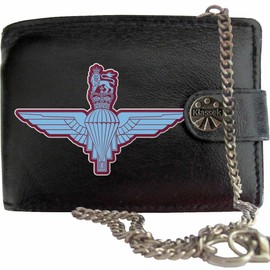 Klassek The Parachute Regiment Image Men Chain Wallet Real Leather Cap Badge Emblem Military Crest Insignia RFID Blocking with Coin Pocket and Metal Gift Box