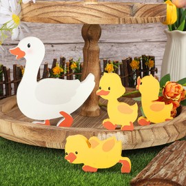 COCHIE Cute Wooden Ducks Decorations Indoor Set of 4, Farmhouse Tiered Tray Decor, Double Side Mother Duck and Duckling Blocks Decoration for Home Table Desk Door Shelf
