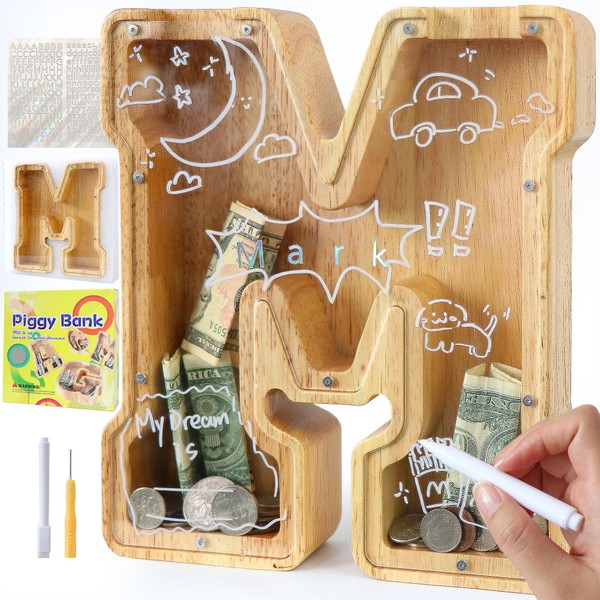 Lakpopya Wooden Money Box Letters for Children Adults Large A-Z Personalised Piggy Bank with Target Area Transparent Alphabet Money Box Gift Decoration Christening for Boys Girls (M)