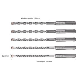 HPMAISON SDS Plus Rotary Hammer Drill Bit Set 7mm x 160mm, 5PCS Cross Drill Bits Hammer Impact Drill Bit 4-Cutter Carbide Tips for Drilling Stone, Concrete, Brick Wall, Cement, Masonry