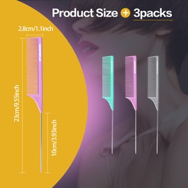 Goodofferplace 3 PCS Rat Tail Combs Parting Rattail Teasing Fine Tooth Comb with Metal Pick for Curly Hair,Detangling Parting Combs for Women for Braiding,Styling Hair(Green Purple Grey)