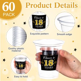 Funnymoom 60 Pack 18th Birthday Cup 12 oz Cheers to 18 Years Disposable Clear Plastic Cups for Men Women 18th Birthday Anniversary Wedding Party Decorations Favors