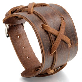 JewelryWe Men Women Punk Adjustable Wide Leather Wristband Cuff Wrap Bracelet Bangle, Fits 7.3"- 9.4" Wrist
