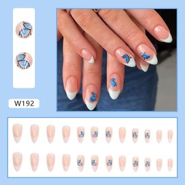 Butterfly Press on Nails Short Almond Shape Fake Nails White French False Nails with Glues Blue Butterfly Spring Design Artificial Full Cover Nail Tips Acrylic Nails for Women Girls 24Pcs