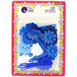 Tara Girls Self Hinge Flower Barrettes - Blue & White - 18 Pcs.