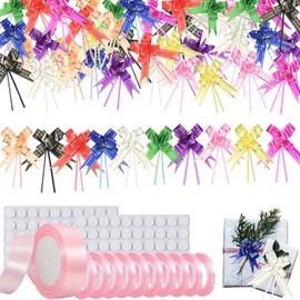 100Pcs Gift Wrapping Bowknot Ribbon, Mini Present Basket Wreath, Assorted Colour Bows String, Decorative Pull Bows with Gold Edge Glue Dots, Satin Polyester Ribbon for Wedding Crafting Christmas