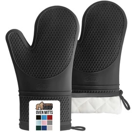 GORILLA GRIP BPA-Free Soft Silicone Oven Mitts, Heat Resistant and Waterproof Cooking Safety Gloves, Thick Cotton Lining, Flexible Gripping, Kitchen Potholders Set, for Grilling, BBQ, 12.5x8.3, Black