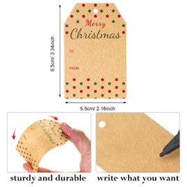 G2PLUS Merry Christmas Tags for Presents, 50PCS Brown Christmas Labels Tags with String, Christmas Wrapping Tags, Xmas Present Labels with Dots for Christmas Presents Wrapping Decoration