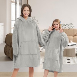 V.&GRIN Oversized Hoodie Blanket Grey Soft Fluffy Fleece Snuggle Wearable Blanket Matching for Women Men Kids Family 110-180cm