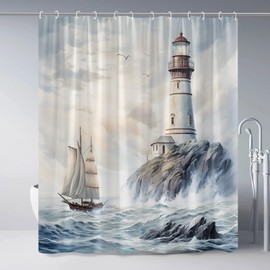 Lighthouse Shower Curtain Nautical Coastal Ocean Sailboat Sea Wave Seagull Beach Natural Scenery Polyester Bathroom Curtains Set with Hooks 70Wx70H Inch