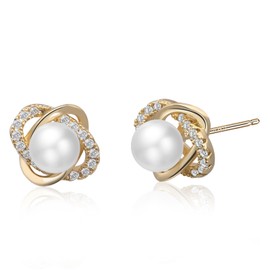 Gold Perlen-Steckerohrringe mit Zirkonia, 925 Sterlingsilber – Handgefertigter Damenschmuck als Geschenkbox, Hypoallergene Ohrstecker für Hochzeit/Geburtstag