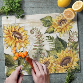 FIRST DAWN Glass Cutting Board Counter Saver 12""x15"", Sunflowers, Large
