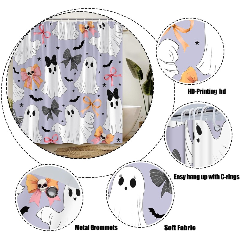 NYCCSM Halloween Bow Ghost Shower Curtain Hooks,71W x71H