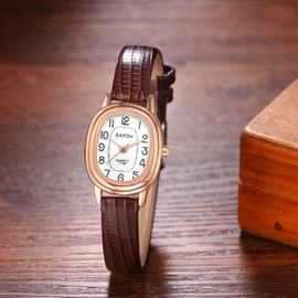 Avaner Watches Women's Leather Bracelet Zirconia: Small Leather Watch Rectangular Wrist Watch PU Smooth Bracelet Exquisite Women's Watch with Analogue Quartz Movement for Women, Oval-Brown, Strap.