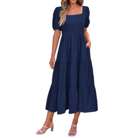 PRETTYGARDEN Women Summer Puff Sleeve Square Neck Backless High Waist Smocked A-Line Flowy Loose Maternity Midi Dress(Navy,Medium)
