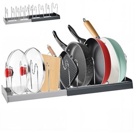 Pot Lid Holder, Lid Holder Kitchen, Expandable Pot Lid Organiser with 10 Adjustable Compartments, Pan Organiser Drawer for Chopping Boards, Pans and Bakeware (Black)