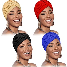 4 Pieces Stretch Polyester Turbans Head Beanie Cover Twisted Hat for Women Girl (Black, Sapphire Blue, Khaki, Wine Red)