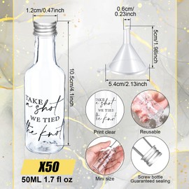 Bokon 50 Pcs Mini Wedding Liquor Bottles Take a Shot We Tied The Knot Shot Glasses for Guests 1.7 Fl Oz/ 50 ml Plastic Reusable Empty Bottle with Cap Funnel Acrylic Mini Glasses for Bridal (Silver)