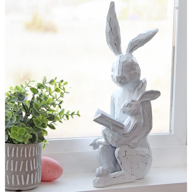 AuldHome Design Easter Reading Rabbit Figurine w/Baby Rabbit; Farmhouse White