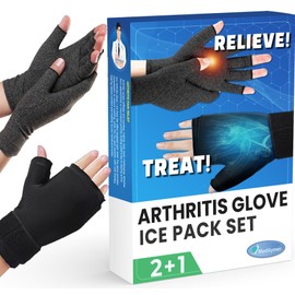 MEDILYMER Arthritis Gloves and Ice Pack (2+1 Set) Fingerless Compression Gloves For Women and Men, Arthritis, Carpal Tunnel, Swelling (Large)