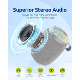 PORTBOR Portable Bluetooth Speaker with Lights, Powerful Stereo Loud Sound Wireless Small Speaker, IPX5 Waterproof, BT5.3, TWS Pairing, for Outdoor/Party/Home/Beach/Shower, Birthday for Him Her