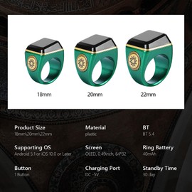 Yuentoen Smart Tasbih Ring, Muslim Digital Ring with 0.49in Display,Tasbih Tally Clicker Finger Counter,Prayer Time Vibration Remind, Counter Prayer Reminder (Color:Green, Size:22mm)