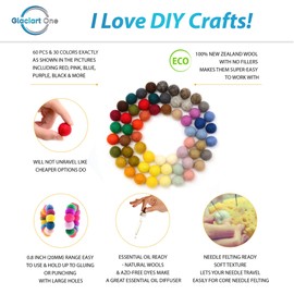 Glaciart One Felt Pom Poms, Wool Felt Balls (60 Pieces) 2 cm – 0.8 Inch, Handmade Felted 30 Color (Red, Pink, Blue, Yellow, Black, White, Pastel and More) Bulk Small Puff for Felting and Garland
