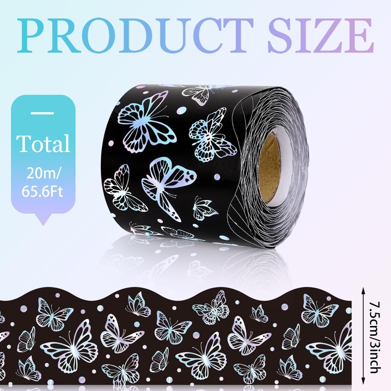 FYSUIMU 65.6Ft Iridescent Butterfly Bulletin Board Borders Black Decorative Die