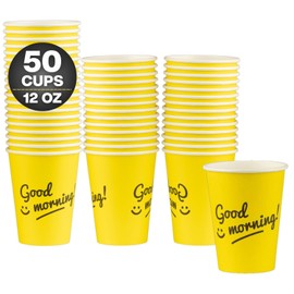 Smygoods 12oz Paper Coffee Cups, Disposable Coffee Cup 12 oz, To-Go Hot Cups, Coffee Cups Disposable, Bright Yellow Good Morning!, No Lids, 50 Pack