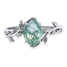 Natural Moss Agate Ring for Women Sterling Silver Green Moss Agate Engagement Wedding Promise Ring Jewelry for Women, Solid 925 Silver, natural moss agate