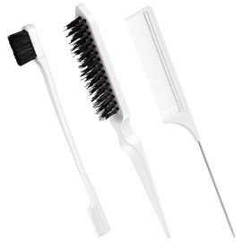 Geiserailie 3 Pcs Slick Back Hair Brush Set Bristle Brush Edge Control Teasing Comb for Women Black Hair(White)