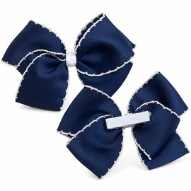 Hair Bows for Girls, 2 Pack 5 Inch Grosgrain Boutique Hair Bows with Alligator Clips, Moonstitch Edge Ribbon Bows (Navy)