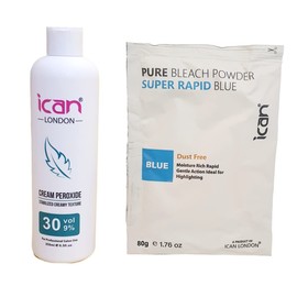 ICAN LONDON PROFESSIONAL CREAM PEROXIDE 30 VOL 9% 250 ML + RAPID BLUE POWDER BLEACH 80 G SET