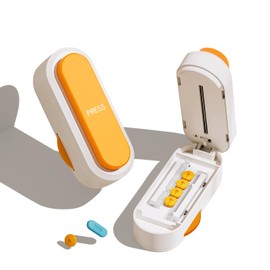 Pill Cutter Splitter for Small and Tiny Pills | Larger Pills. |ONE Button Easy Push Accurately Cuts Multiple Pills at Once. Sharp Blade with Safety Guard. Non-Slip Silicone Edge (Orange)