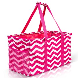 Lucazzi Extra Large Utility Tote Bag, Oversized Collapsible Reusable Wire Frame Rectangular Canvas Basket With Two Exterior Pockets For Beach, Pool, Laundry, Car Trunk, Storage - Chevron Pink