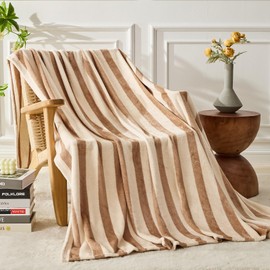 FY FIBER HOUSE Striped Flannel Queen Blanket - Soft Cozy Striped Blanket for Couch, Sofa, or Bed - 90"x90", Khaki, All Season Use