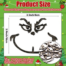 10Pcs Christmas Wooden Green Monster Face Blank Craft Kit Green Monster DIY Crafts Decor for Winter Xmas Unfinished Wooden Space Ornaments Craft for Xmas Home Wall Decorations Party Supplies
