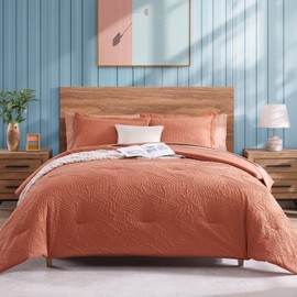 Geniospin Full Size Comforter Set - 7 Pieces Burnt Orange Bedding Set, Botanical Textured Comforter Set, All Season Lightweight Bed in a Bag with Comforter, Sheets, Pillowcases & Shams