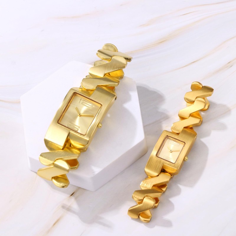 JewelryWe Men Square Quartz Watch: Gold Rectangle Analog Geometric Strap