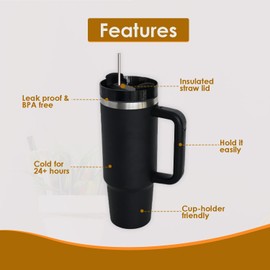 40oz Handle Tumbler - Stainless Steel Insulated Travel Mug with Lid and Straw, Double-Walled Vacuum Insulated Cup for Hot & Cold Beverages, Reusable Tumbler for Home and Office (Black)