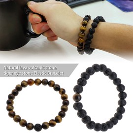 YINETTECH 2pcs Natural Lava Rock Volcanic Stone Bracelet Tiger Eye Bracelet 8mm Bead Elastic Bracelets for Men Women for Birthday Anniversary Christmas Day