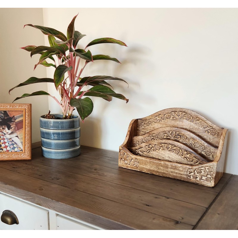 Purity Style Rustic Carved Wooden Letter Rack/Desk Tidy - Three