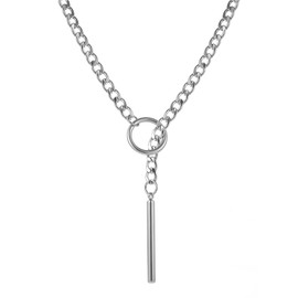 Silver Long Necklaces for Women Gothic Stainless Steel Slip Chain Choker Necklaces Punk Cuban Link Lariat Y Necklace with Bar Pendant Goth Rock Collar Jewelry (Silver)