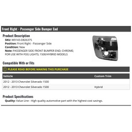 Front Right Passenger Side Bumper End - Chrome - Compatible with 2012-2013 Chevy Silverado 1500