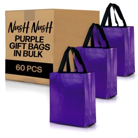 Nush Nush Set of 60 Shiny Purple Gift Bags in Bulk - Purple Reusable Gift Bags Medium Size - For Small Business As Goodie Bags, Birthday Gift Bags With Handles, Party Favor Bags, Goody Bags- 8Wx4Dx10H
